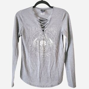 Modern Lux Hamsa Gray T-shirt V-Neck Small Boho Hippie Casual Top